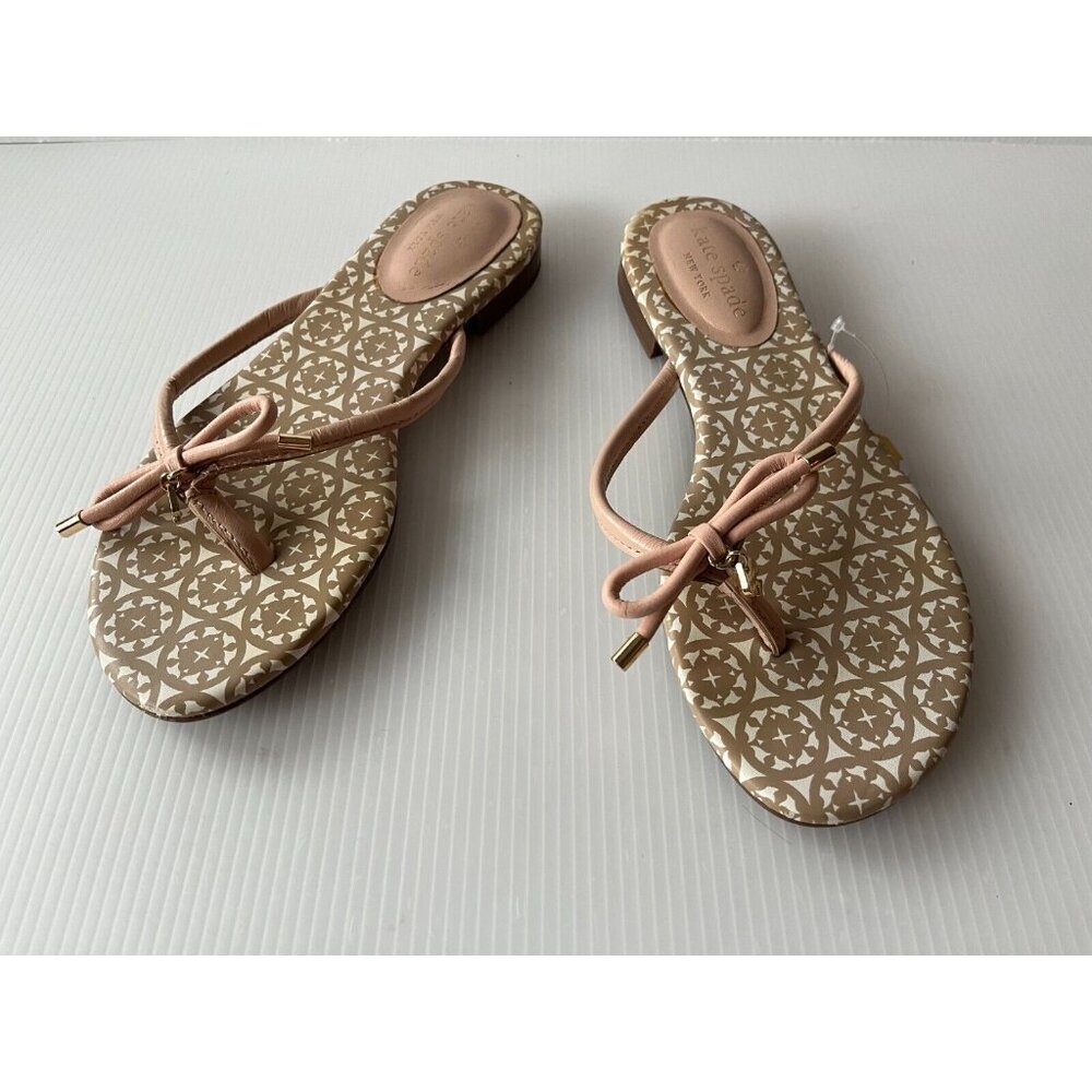 Kate Spade Pink Leather Strappy Thong Sandals w/ Gold Logo & Bow, Size 6 (US)